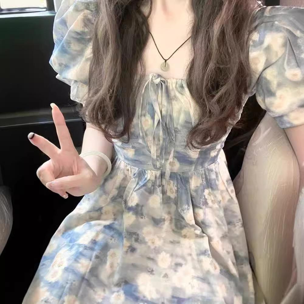 French Square Neck Puff Sleeve Floral Dress - Summer 2024 Waist-Slimming A-Line Skirt for Women