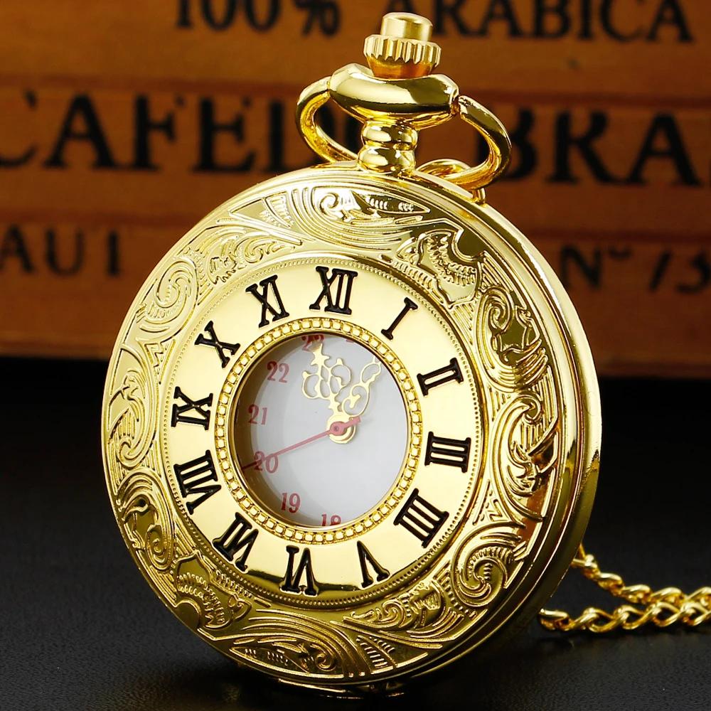 Acrylic Mirror Luxury Gold Pocket Watch Antique Vintage Design Quartz Chain Clock Pendant Jewelry Timepiece Gift for Women Men
