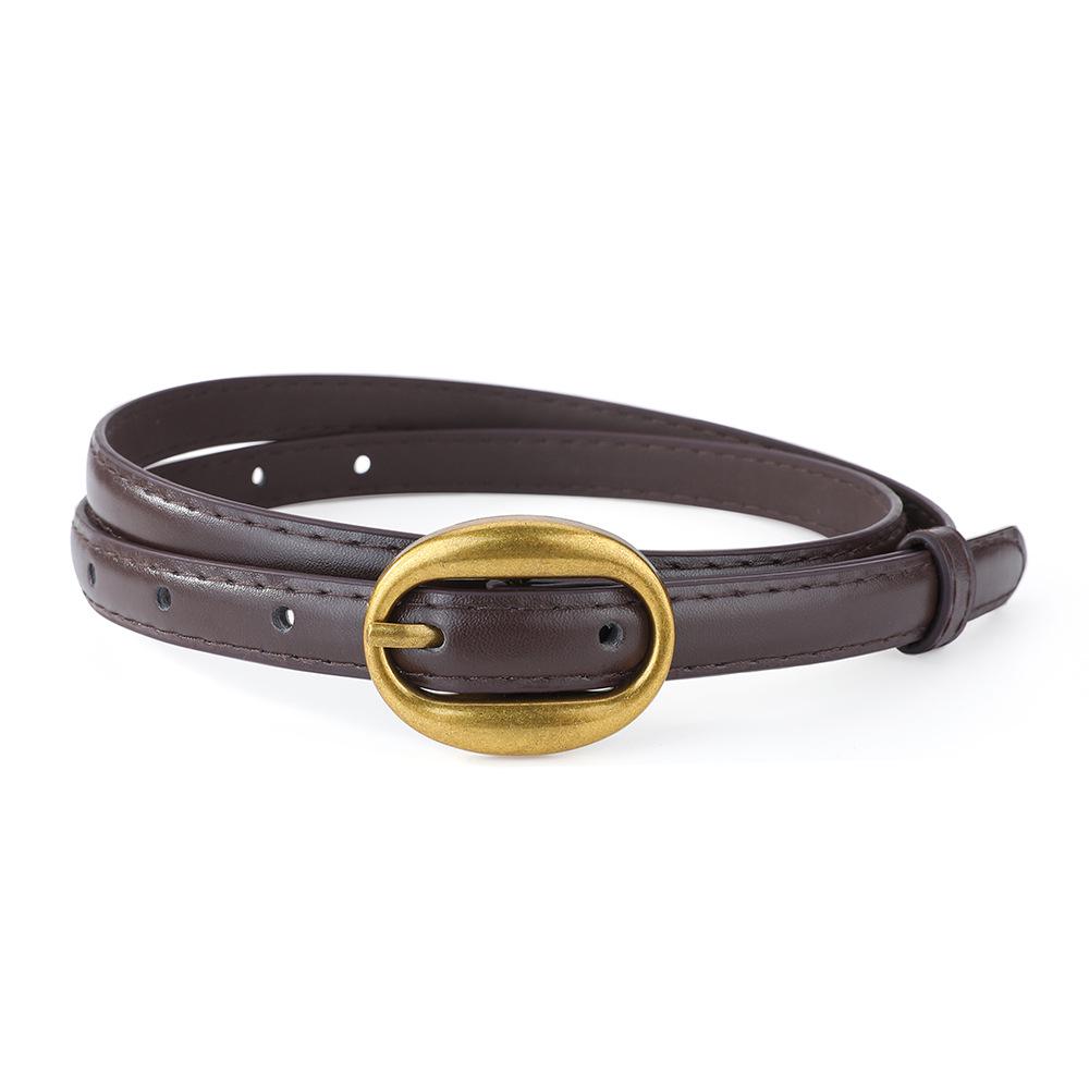Women's French Retro Oval Buckle Leather Belt - Versatile and Slim for Skirts, Shirts, and Pants.