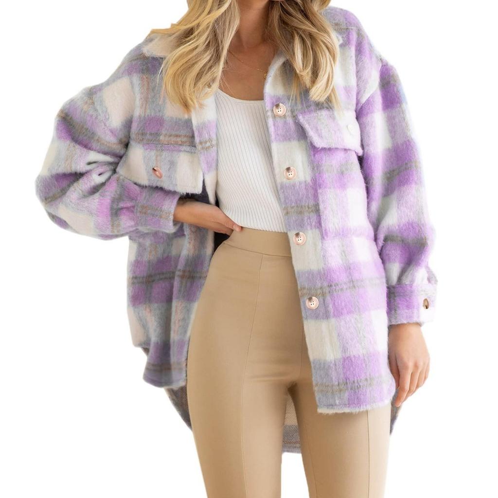 Mode Frauen Kragen Hals Langarm Übergroßen Plaid Casual Tops Shacket Mantel