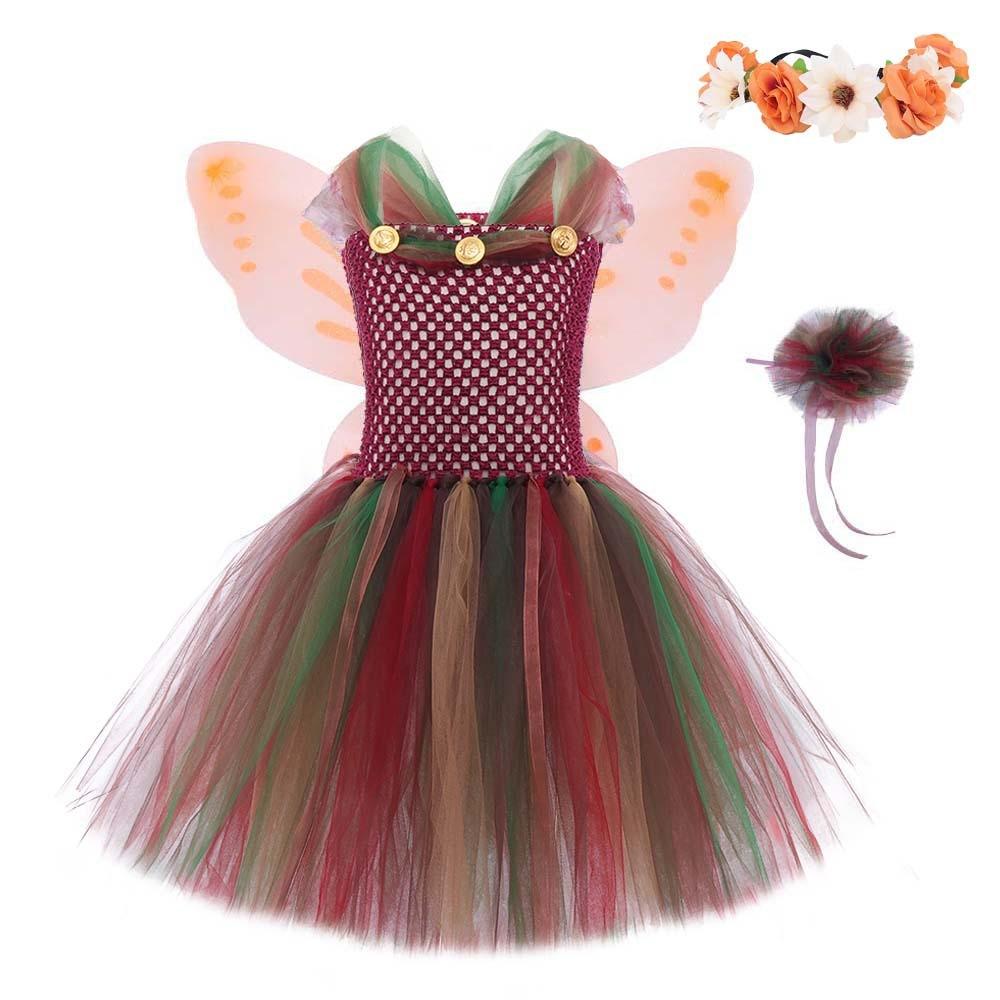 Forest Fairy Girl Costume Dress With Tulle Skirt Butterfly Wings Magic Wand For Toddler Girls