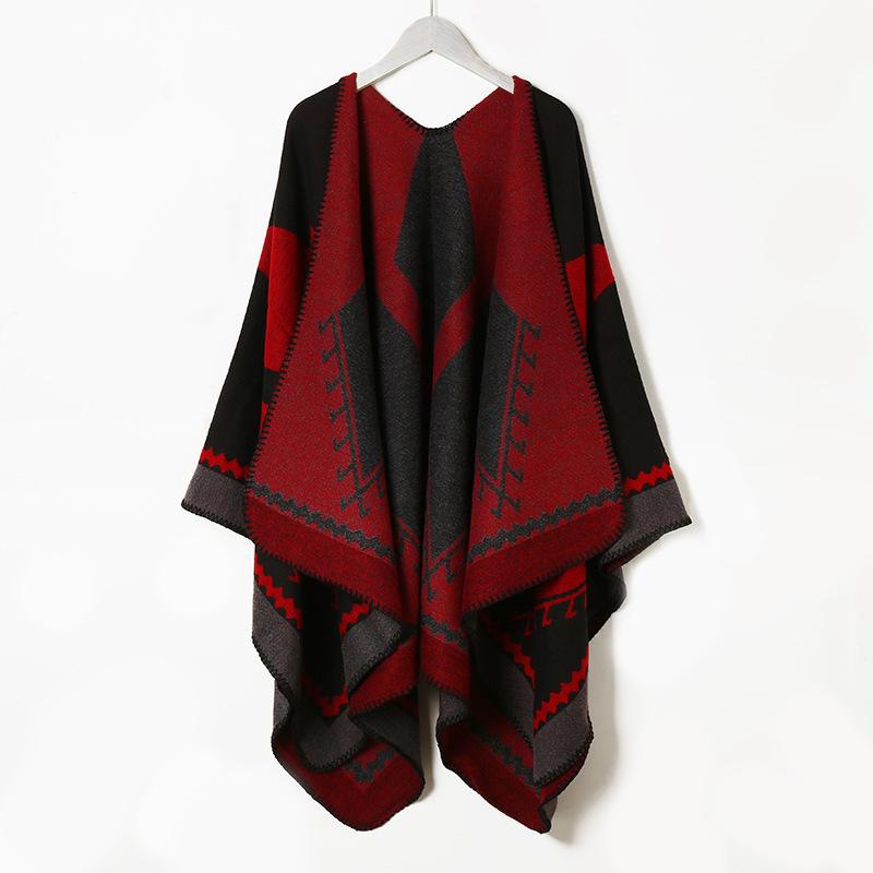 Thickened Split Shawl Fringed Scarf Women'S Knitted Cape Plaid Travel