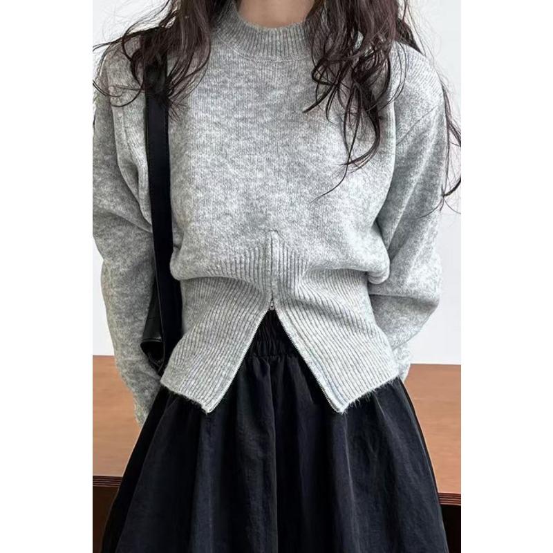 Autumn Round Neck Zipper Design Long Sleeved Knitted Sweater Loose Solid Color Casual Fashion Office Pullover Women Sweaters Female Clothing