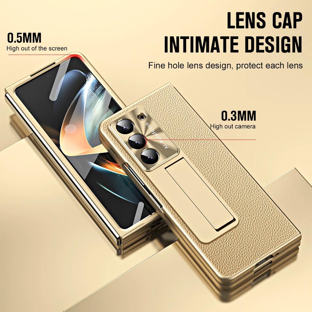Plating Litchi PU Leather Glass Front Film with Pen Phone Case for Samsung Galaxy Z Fold 7 6 5 4 3 Hinge Protection Cover