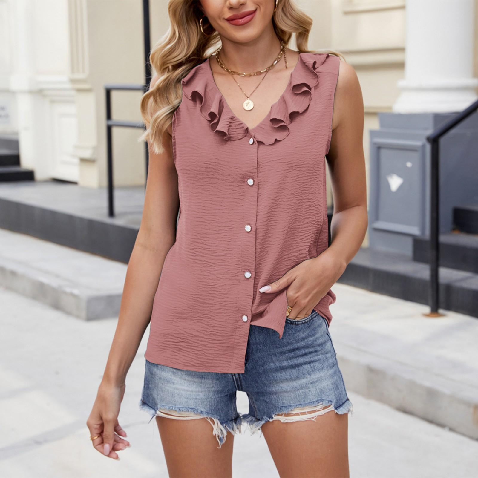 

Женская модная однотонная ворсистая рубашка с V-образным вырезом без рукавов и пуговицами, повседневная свободная рубашка, топ XL розовый