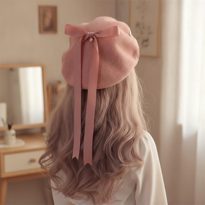 Fashion Lolita Japanese Style Beret Hat Sweet Woolen Bow Beret Warm Handmade Winter Berets Hat Women Girls