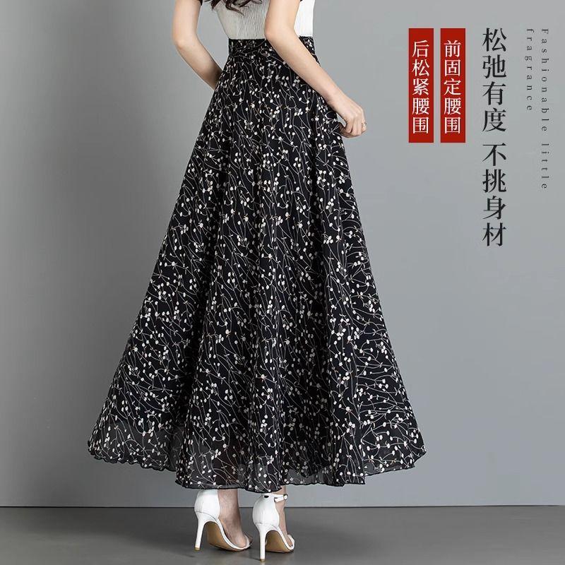 Sommer Neuer Chinesischer Stil Bedruckter Chiffon Halb langer Rock Lang Hohe Taille A-Linien-Rock Retro Großer Schwung Langer Rock für Frauen