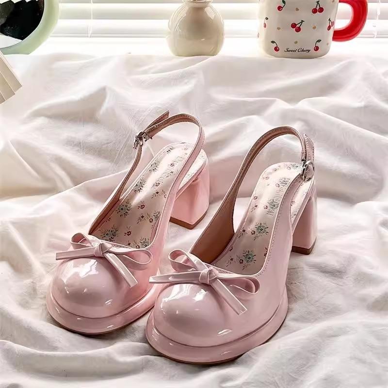 French Thick Heel Bag Head Single Shoes Female 2025 Summer New with Skirt Fairy Bow High Heel Fashion Sandals