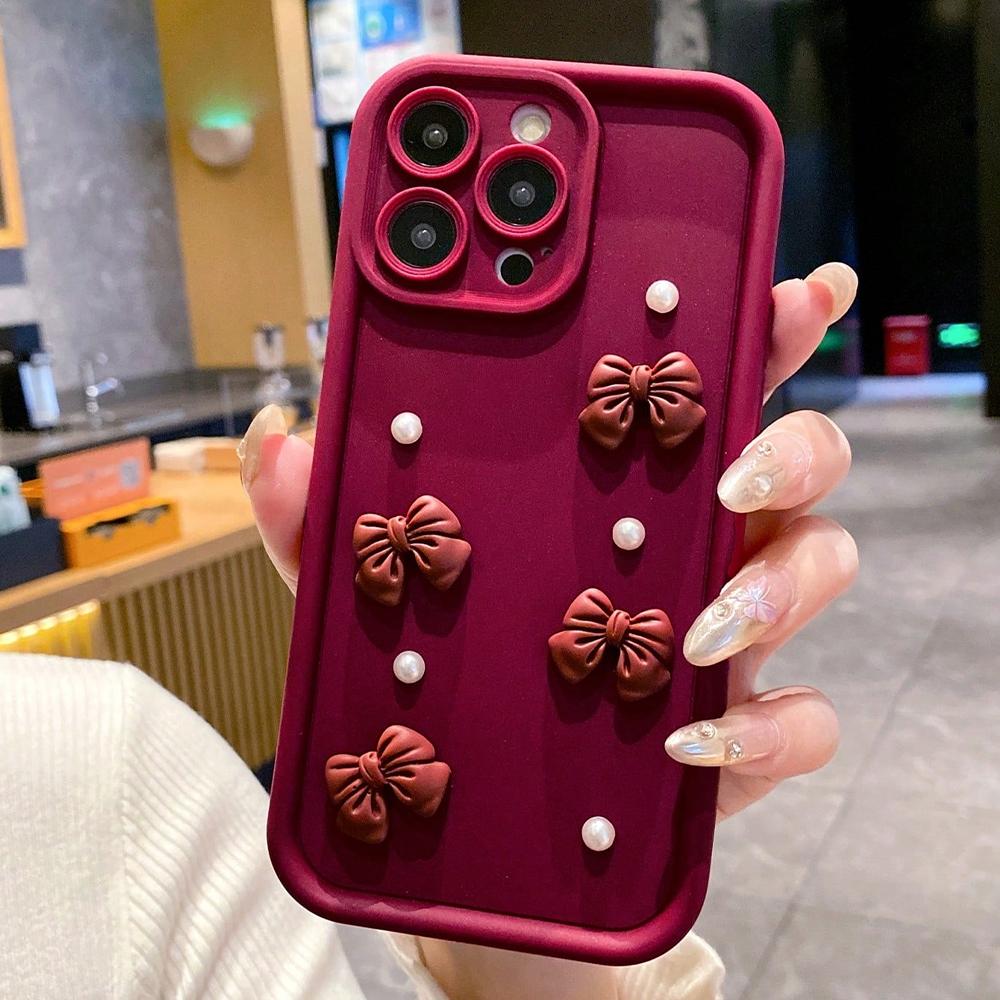Korean 3D Bowknot Pearl Silicone Phone Case For iPhone 17 Air 16 Pro 15 14 13 12 11 Pro Max 16E 7 8 Plus Shockproof Soft Cover