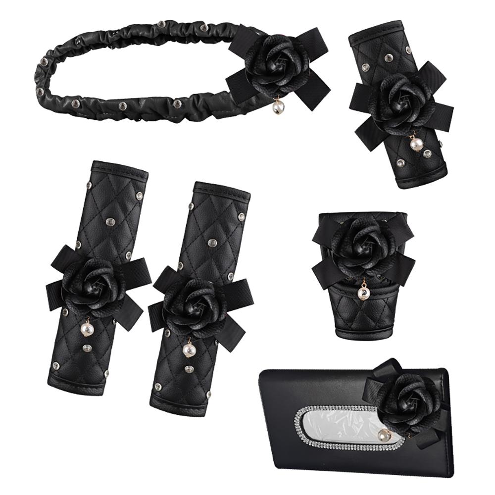 6Pcs Crystal Camellia Car Accessories Set Auto Seat Belt Cover Shoulder Pad Shift Handbrake Rearview Mirror Cover Tissue Box