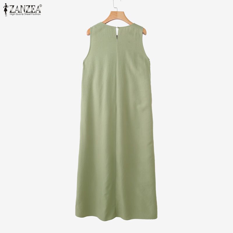 ZANZEA Women Casual Round Neck Solid Color Sleeveless Long Dress