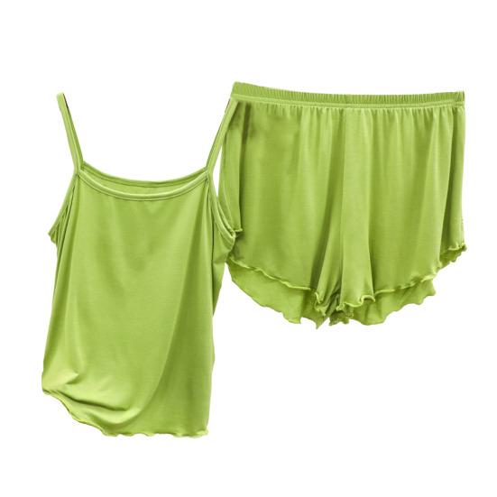 

2 шт./компл., пижамный комплект без рукавов с открытой спиной, эластичный пояс с прозрачной отделкой, женский жилет на бретельках, широкие шорты, комплект домашней одежды M зелёный