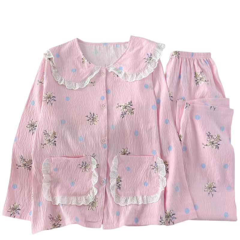 Cloud Cotton Pajamas Women'S Doll Collar Long-Sleeved High-End Floral Loungewear Set