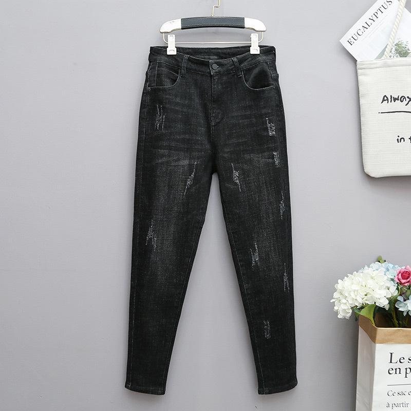 Padded and Thickened Plus Size Jeans Harem Pants Women's Fall Elastic High Waist Casual Pants Jeans with Carrots Comfort Waist Pants
