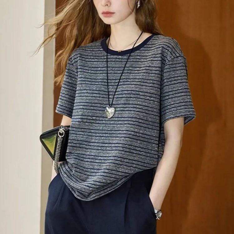 

Женский полосатый облегающий повседневный топ с круглым вырезом и коротким рукавом, весна/лето 2025 XL