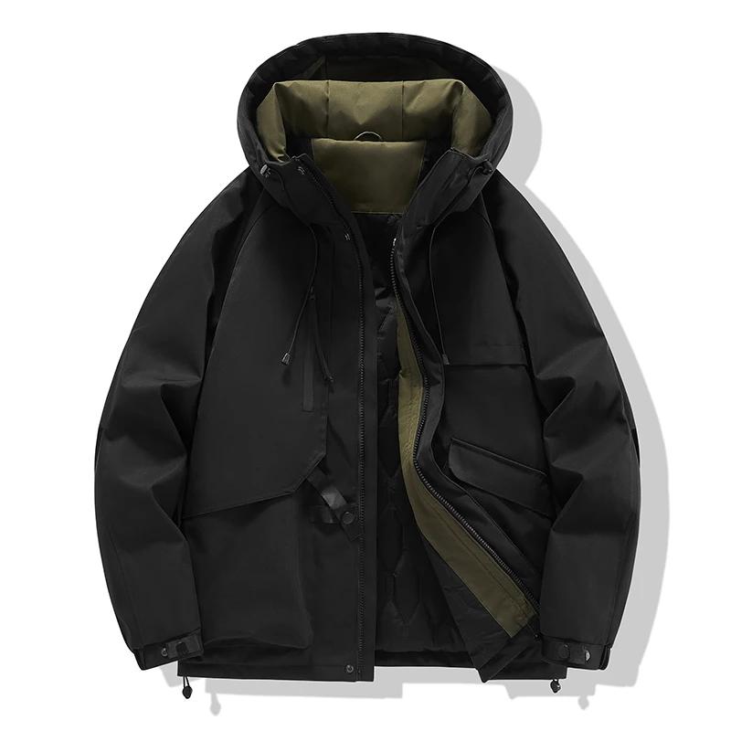 

2026 Autumn Men Loose Hooded Zipper Jacket Men Soild Color Jacket Men Workwear Casual Coats Male Warm Outerwear Black Coat M чёрный