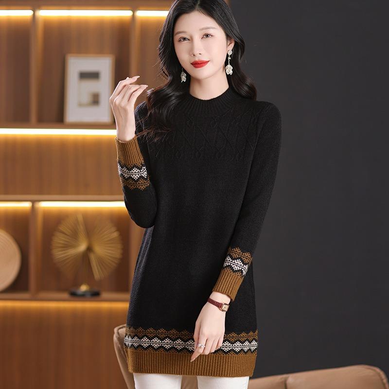 Women's Sweater Half Turtleneck Mid-length Sweater Dress Autumn and Winter Commuting Style Loose Jacquard High Waist Inner Knitted Sweater