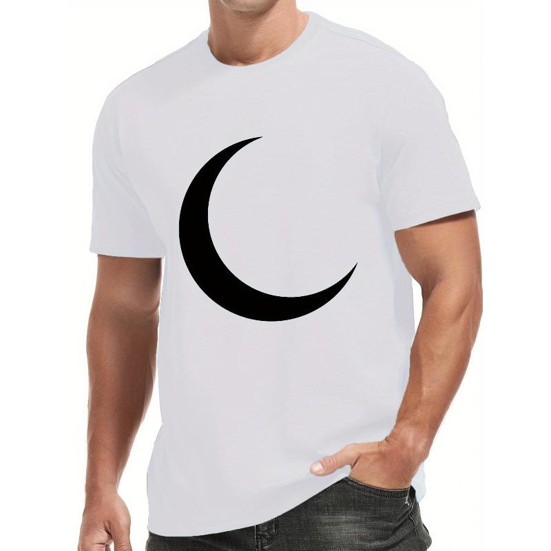 European Size Men's Short Sleeve T-Shirt - Breathable Summer Casual Tee with Geometric Crescent Moon Print, Regular Fit Round Neck for Sports