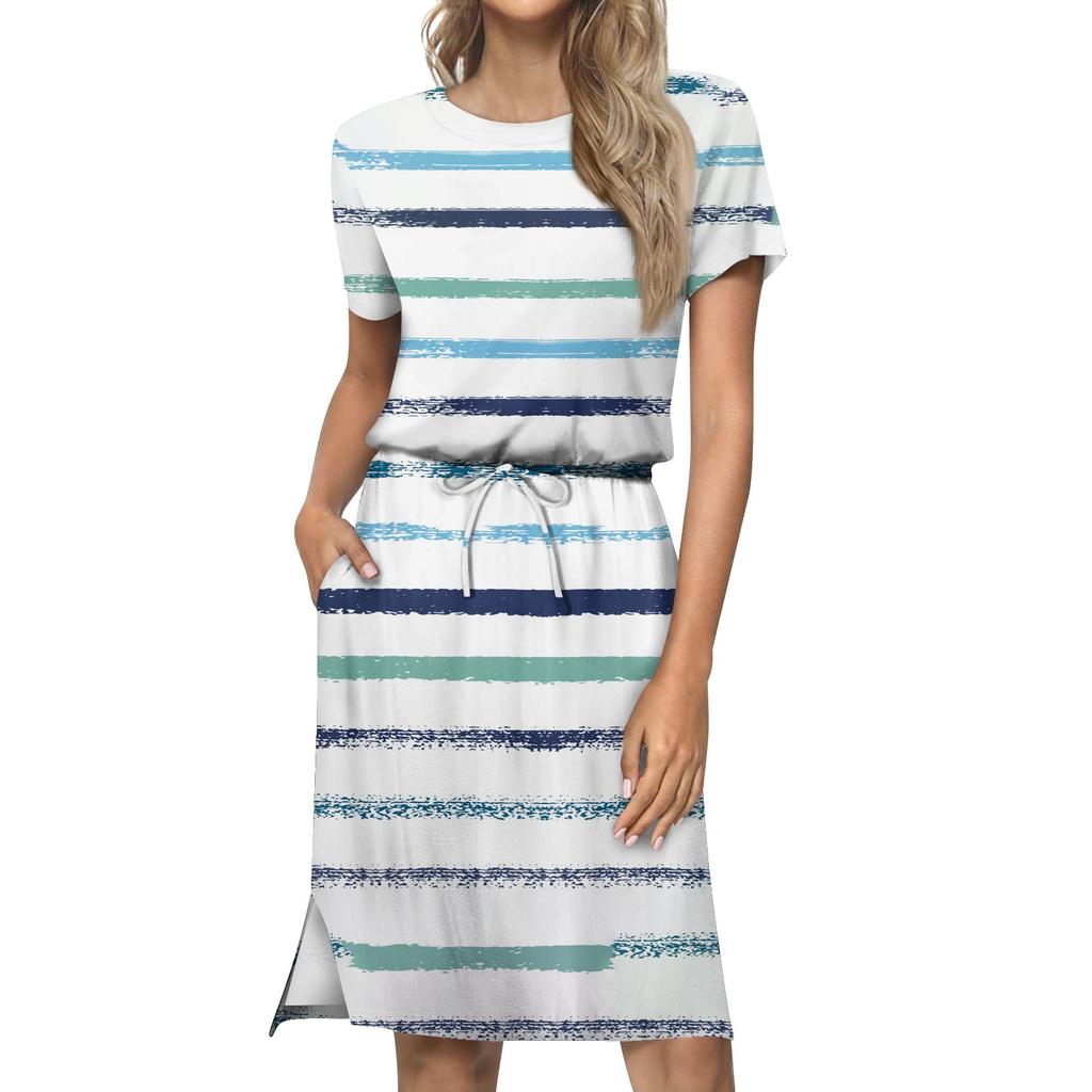 Women's Lashionable Loose Fitting Casual Printed Round Neck Short Sleeved Drawstring Pocket Dress