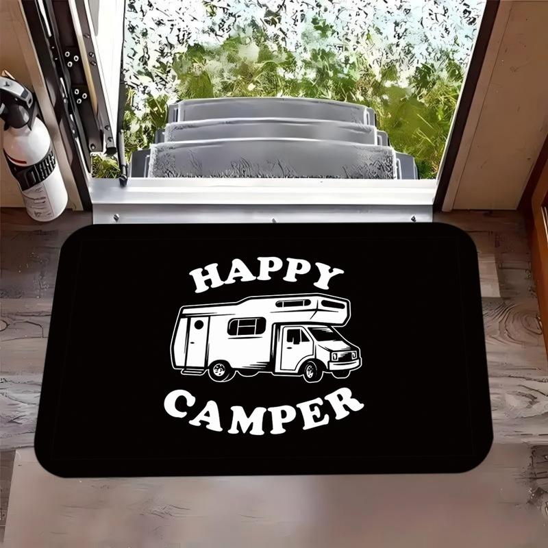 Charming Happy Camper RV Themed Area Rug Stylish Vintage Travel Trailer Print Floor Mat for Living Room Bedroom Camping Decor