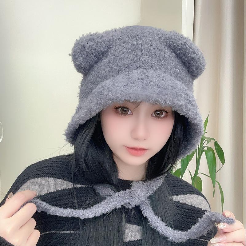 Cute Bear Ears Wool Knitted Hat, Children's Autumn and Winter Face, Small Ear Protectors, Warm Big Head Circumference, Gray Cold Hat