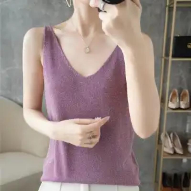 Women's Black Glitter V-Neck Tank Top Sleeveless Slim Fit Casual Camisole