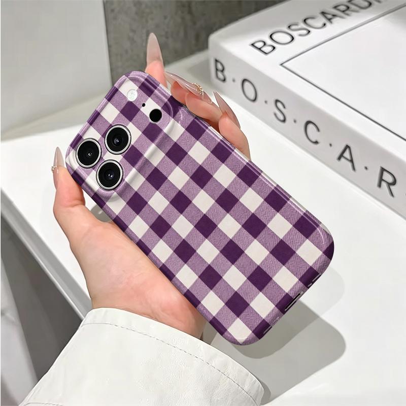 Classic Violet Gingham Plaid Checker Pattern Graphic Art Film Aesthetic Protective Shockproof Bumper Phone Case Cover For iPhone 14 15 16 Pro Max Plus