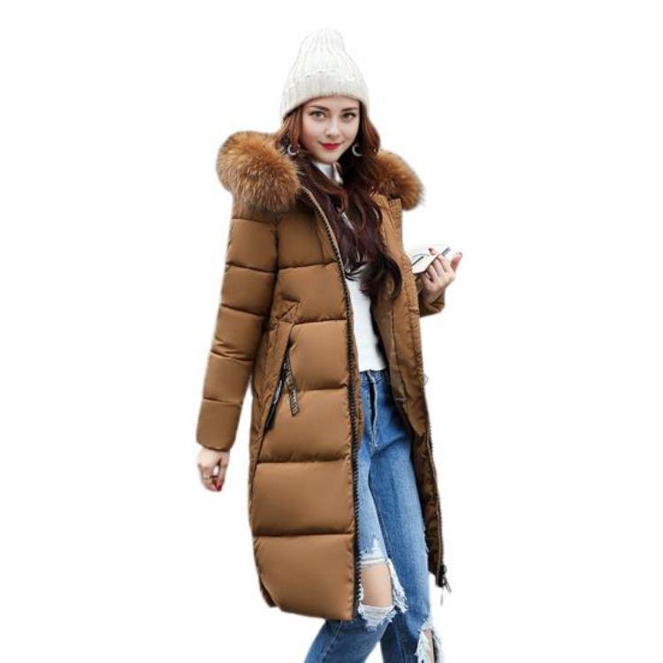 

Winter Windproof Parka Coat for Women with Furry Hood Zip Up Padded Jacket Knee Length Cotton Long Sleeves Solid Color Heat Retention Pockets Outwear M коричневый