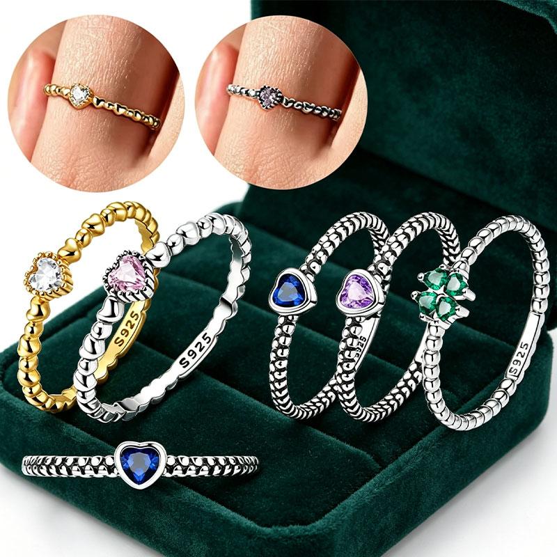 Original  Gold Plated CopperHeart Clover Zircon Beaded Stackable Ring 6-9 Size Women Valentine Daily Jewelry Gift