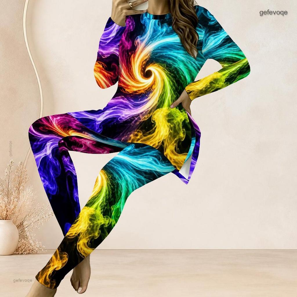 Women Plus Size Two Piece Pants Set Round Neck Long Sleeve Nebula Printed Longline Top And Fitted Pants