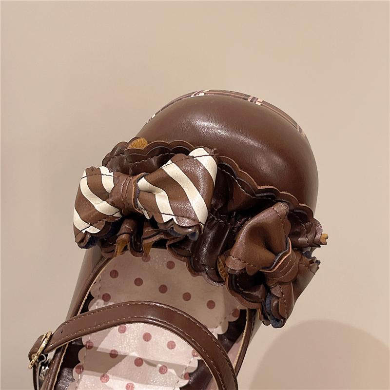 Mote 8CM Søte Jenter Lolita Høye Hæler Plattformsko ,Unge Kvinner Studenter Søte Sjokolade Godteri Sløyfer Ankelstropp Mary Janes