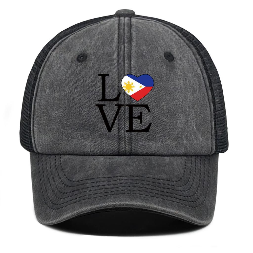 LOVE" Philippine Flag Print Snapback Mesh Cap, Patriotic Man's Cap Distressed Vintage-Inspired Inelastic Simple Adjustable Trucker Hat