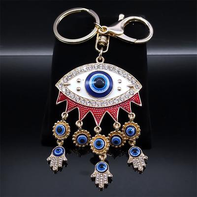 Lucky Turkish Eye Hamsa Hand Tassel Keychain Men Hand of Fatima Keyring Alloy Gold Color Evil Blue Eye Bag Accessories Jewelry