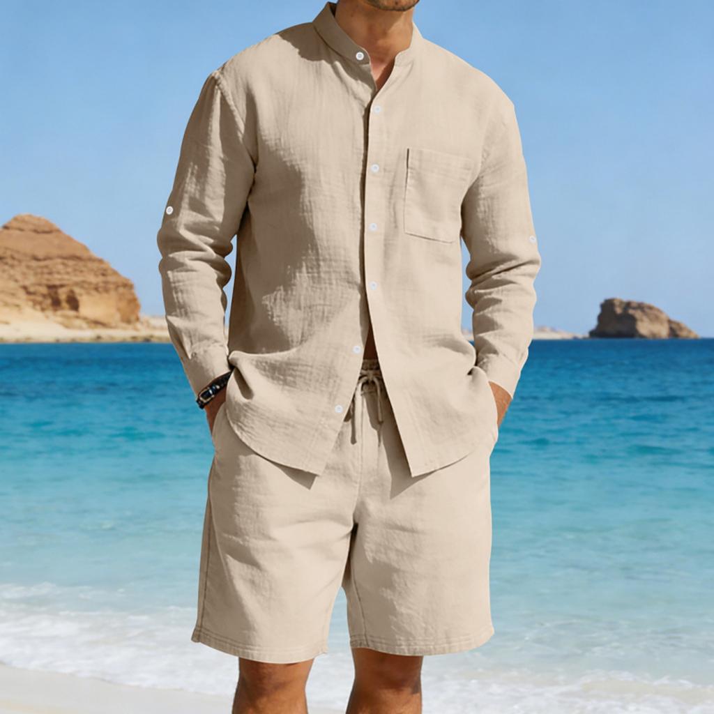 Men's American- Linen Casual Set Loose Long-sleeve Shirt And Shorts Set