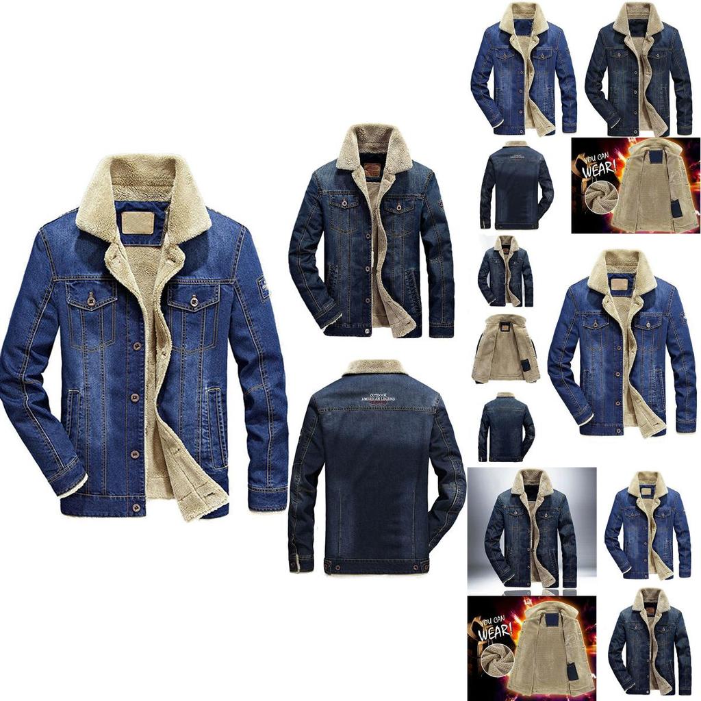 Men's Jean Jacket With Fur Collar Lined Winter Warm Casual Denim Coat M-6xl