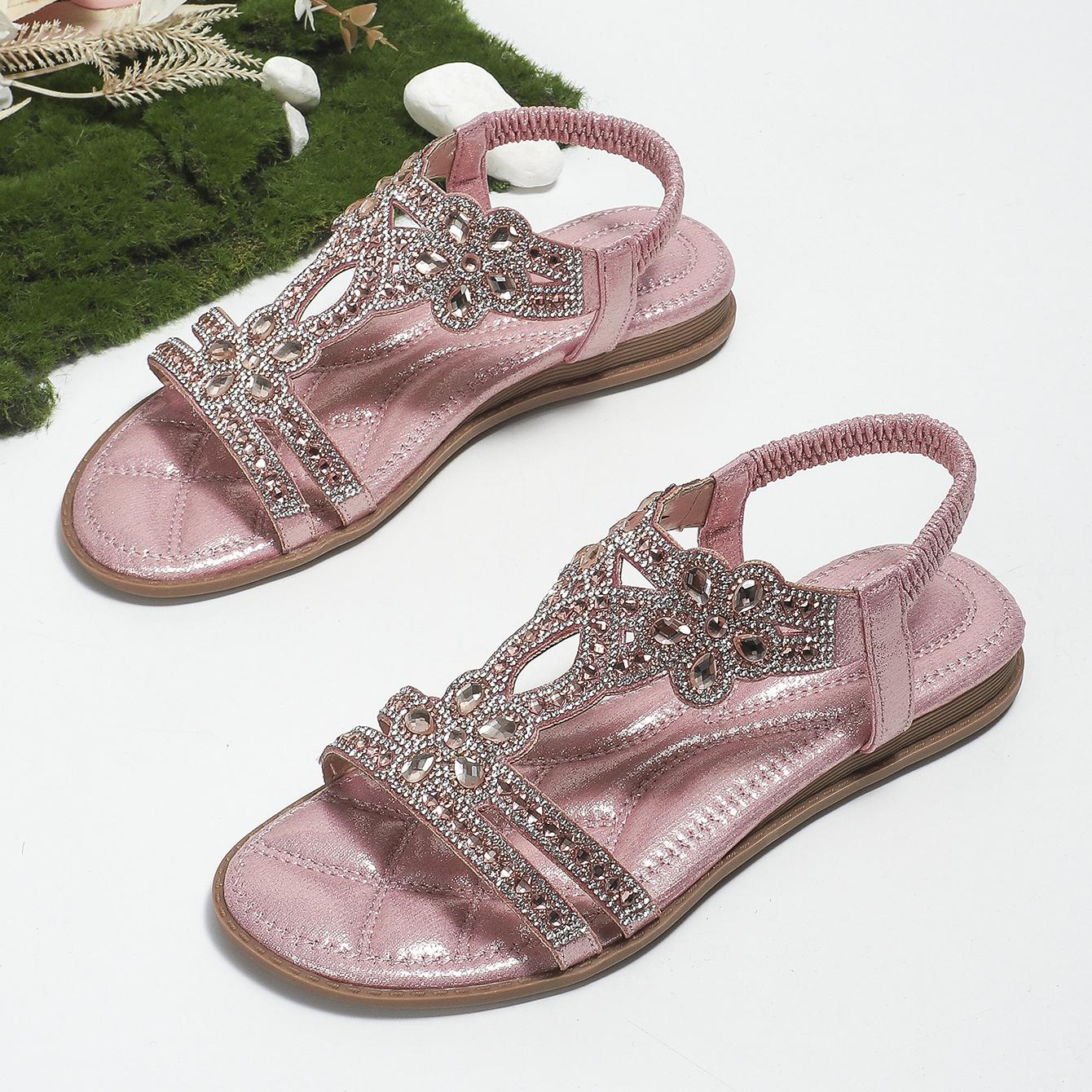 

Удобная женская обувь, сандалии на плоской подошве со стразами, повседневные полые сандалии большого размера 37 розовый