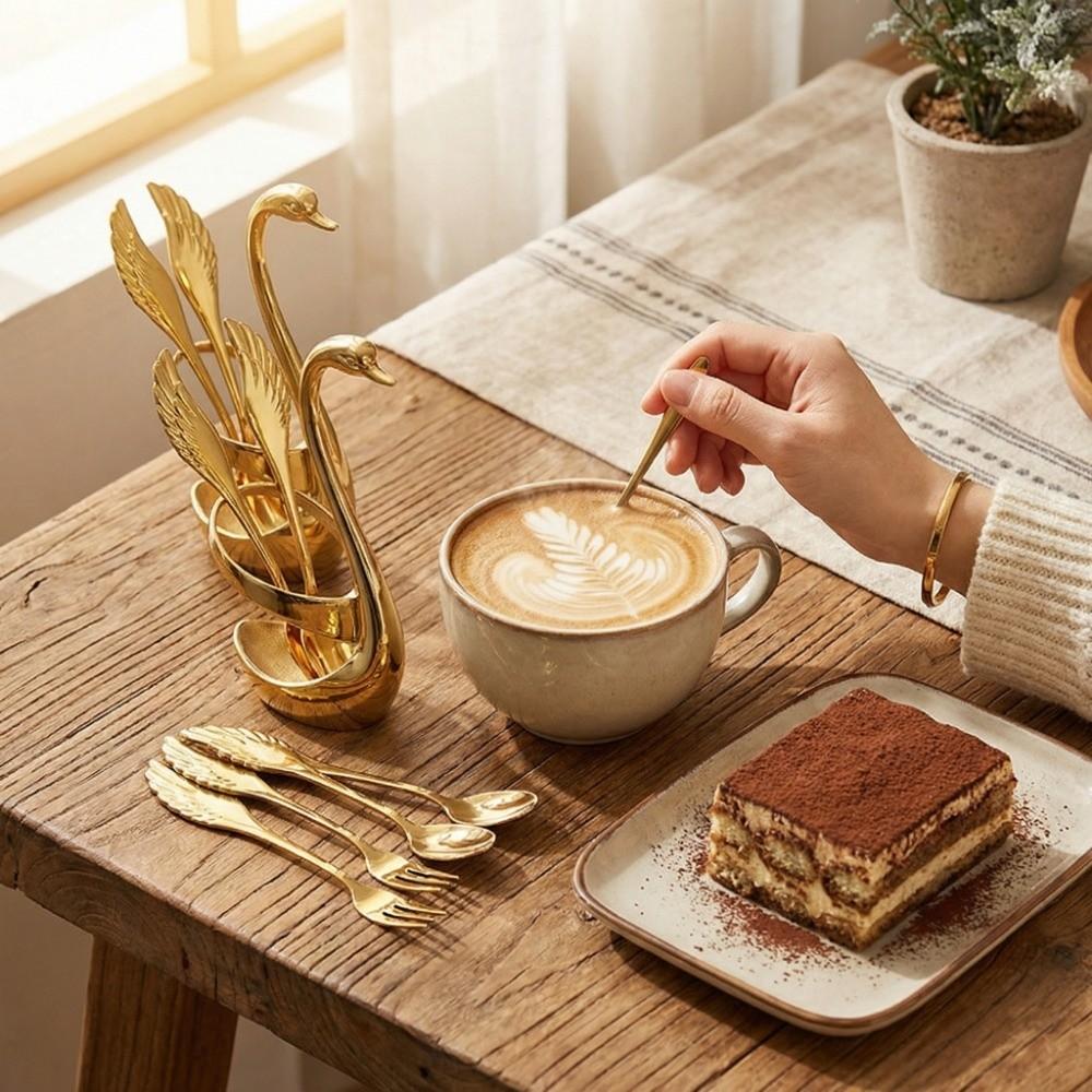 Elegant Swan Cutlery Set Fork Spoon Organiser  Coffee Fruit Dessert Stirring Mixing