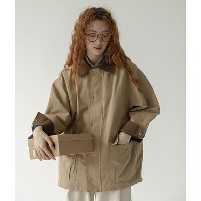 Fashion Loose Cargo Coat Long Sleeves Khaki Colorant Match Neck Female Senior Vintage Mid-length Tops Spring Autumn