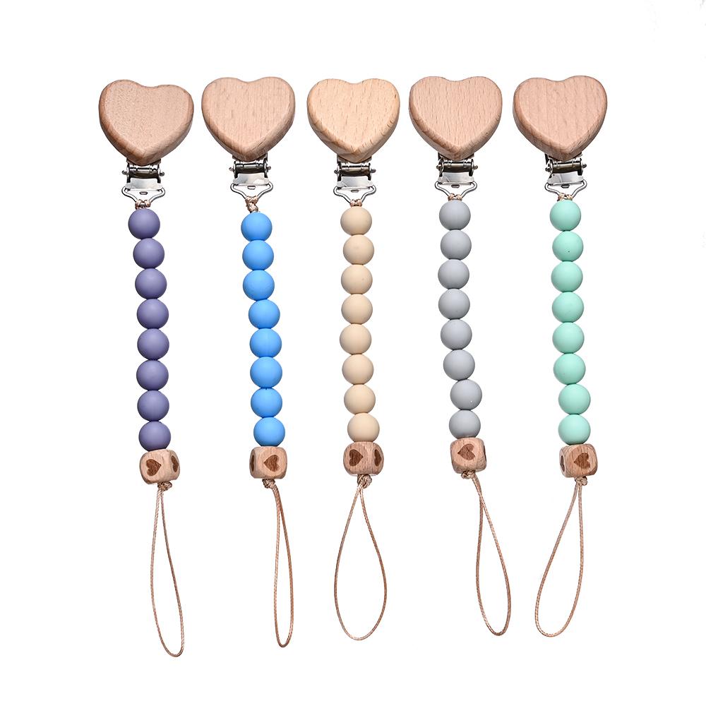 Pendant for Newborn Toys Gift New Beech Wooden Heart Beads Baby Pacifier Chain Clip Silicone Beads Dummy Nipple Holder Teether