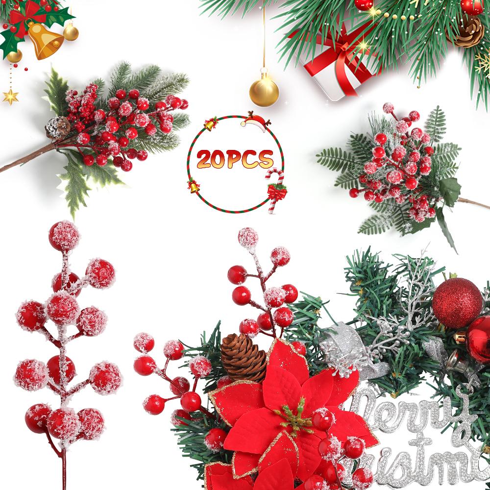 20pcs Artificial Snow Frosted Red Berries Stems Home Decor DIY Crafts Christmas Tree Party Decoration New Year Festive Ornaments