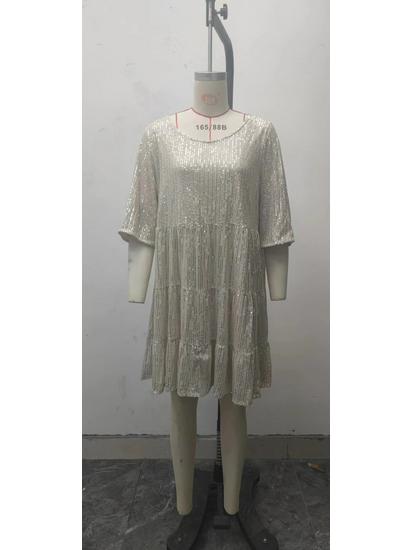 2025 Solid Color Sequin Round Neck Loose Waist Short Sleeve Evening Dress