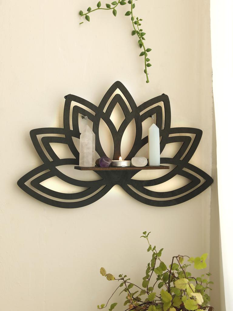 Lotus Crystal Corner Shelf Crystal Shelf Display Black Wooden Wall Shelves Essential Oil Shelf Witchy Decor Aesthetic Spiritual