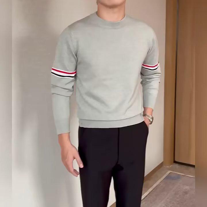 

Унисекс Пуловер в полоску контрастного цвета – Вязаный с круглым вырезом для весны и осени 2XL светло-серый