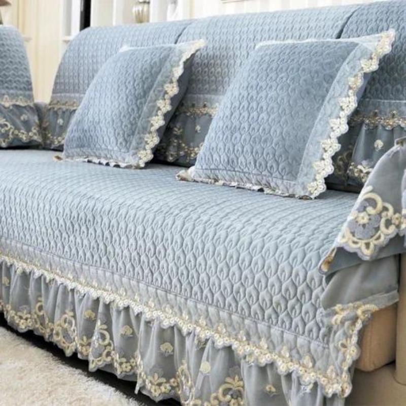 European Style Large Skirt Sofa Mat Four Seasons Short Plush Anti Slip Sofa Cover Simple Lace Solid Color Backrest Towel