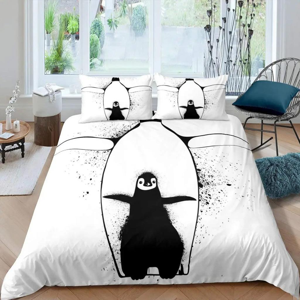 Penguin Comforter Cover Kawaii Animal Print Black White Little Penguin Duvet Cover Blue Iceberg Antarctica Winter Bedding Set