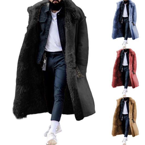 Men Winter Overcoat Faux Fur Thicken Long Sleeves Pockets Solid Color Warm Midi Length Plus Size Buttons Outdoor Coat for Camping