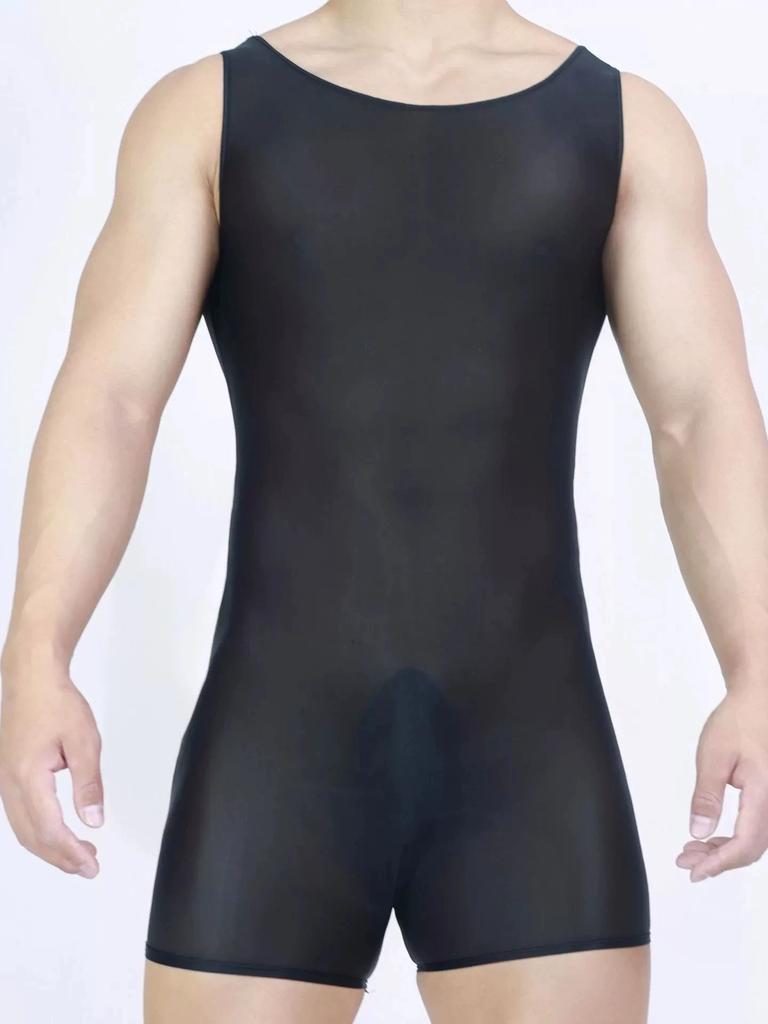 Thin Oil Shiny Sleeveless Playsuit High Elastic Shaping Tights Sheer Gay U Convex Pouch Sheath Bodysuit Tops Man Leotard