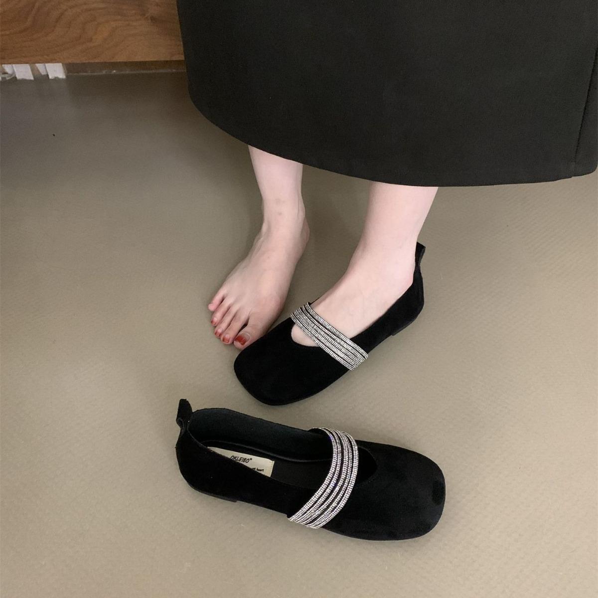 

Rhinestone with ballet Mary Jane shoes Spring and autumn square head shallow mouth versatile flat bottom gentle single shoes 35 чорний