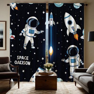 2 Pieces HD Digital Black Department Cartoon Planet Space Astronaut Curtains Home Decorating Style Decorating Living Room Bedroo