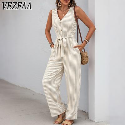 Women's Fashiaon Casual Summer Spring Stripe Print Sleeveless V-Neck High Waist Trousers Jumpsuits & Rompers
